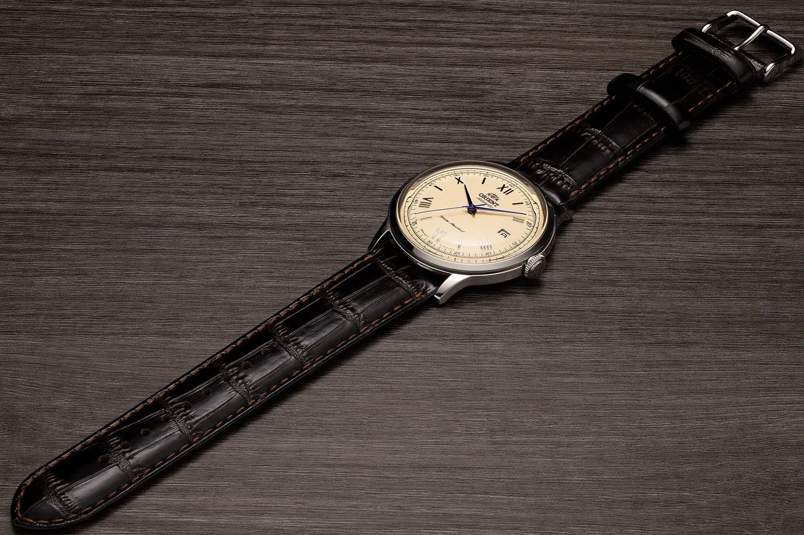Orient Bambino Version 2 watch face slanted view zoom
